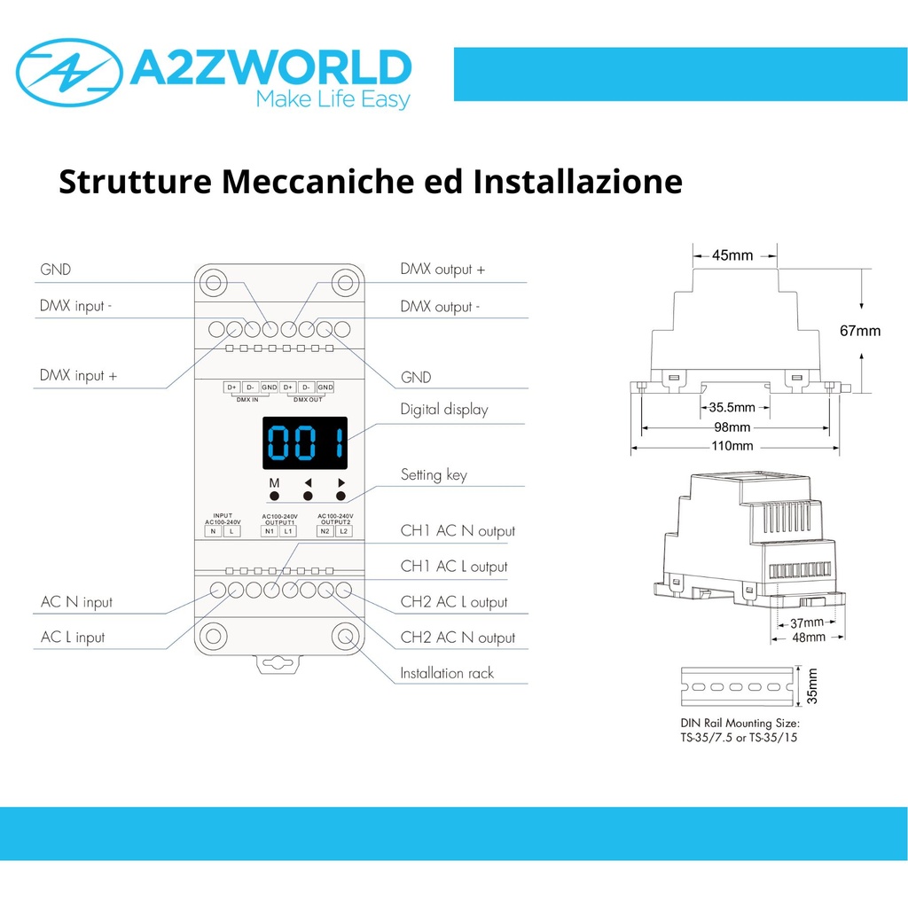 Dimmer DMX512 AC Triac 2 Canali, 100-240V AC, 2x1.5A, RDM, Phase-Cut