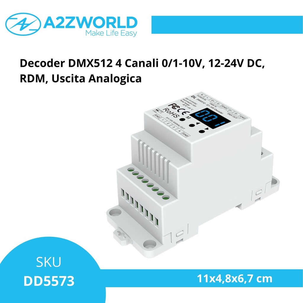 Decoder DMX512 4 Canali 0/1-10V, 12-24V DC, RDM, Uscita Analogica