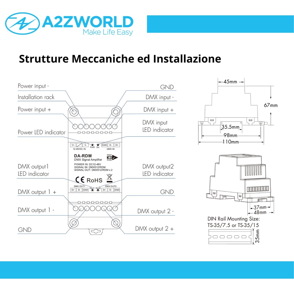 Amplificatore Segnale DMX512 & RDM DA-RDM, Splitter 1 Ingresso 2 Uscite, 12-48V