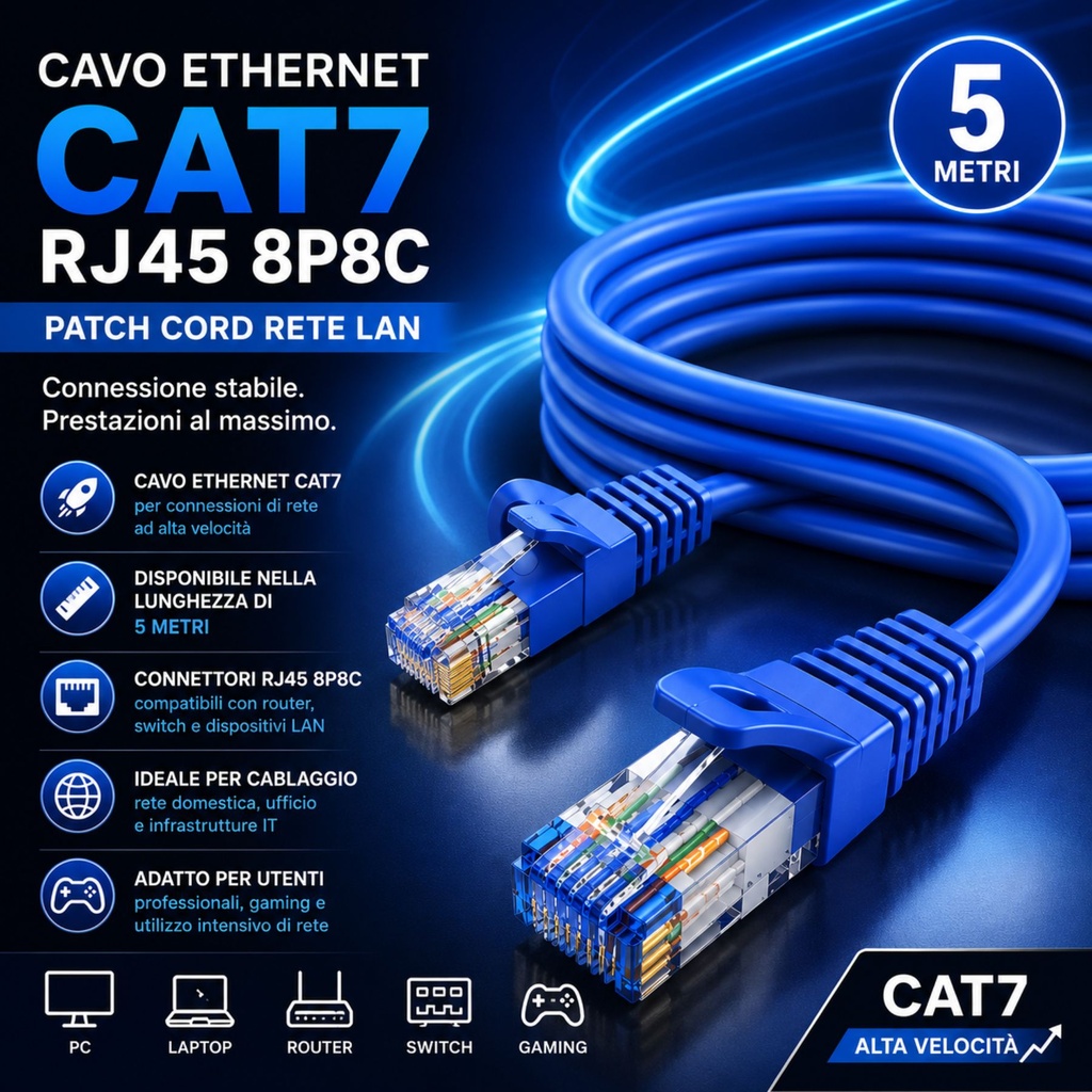 Cavo Ethernet Cat7 RJ45 8P8C, Patch Cord Rete LAN, Disponibile in Lunghezza 5M,10M,20M - AP470500