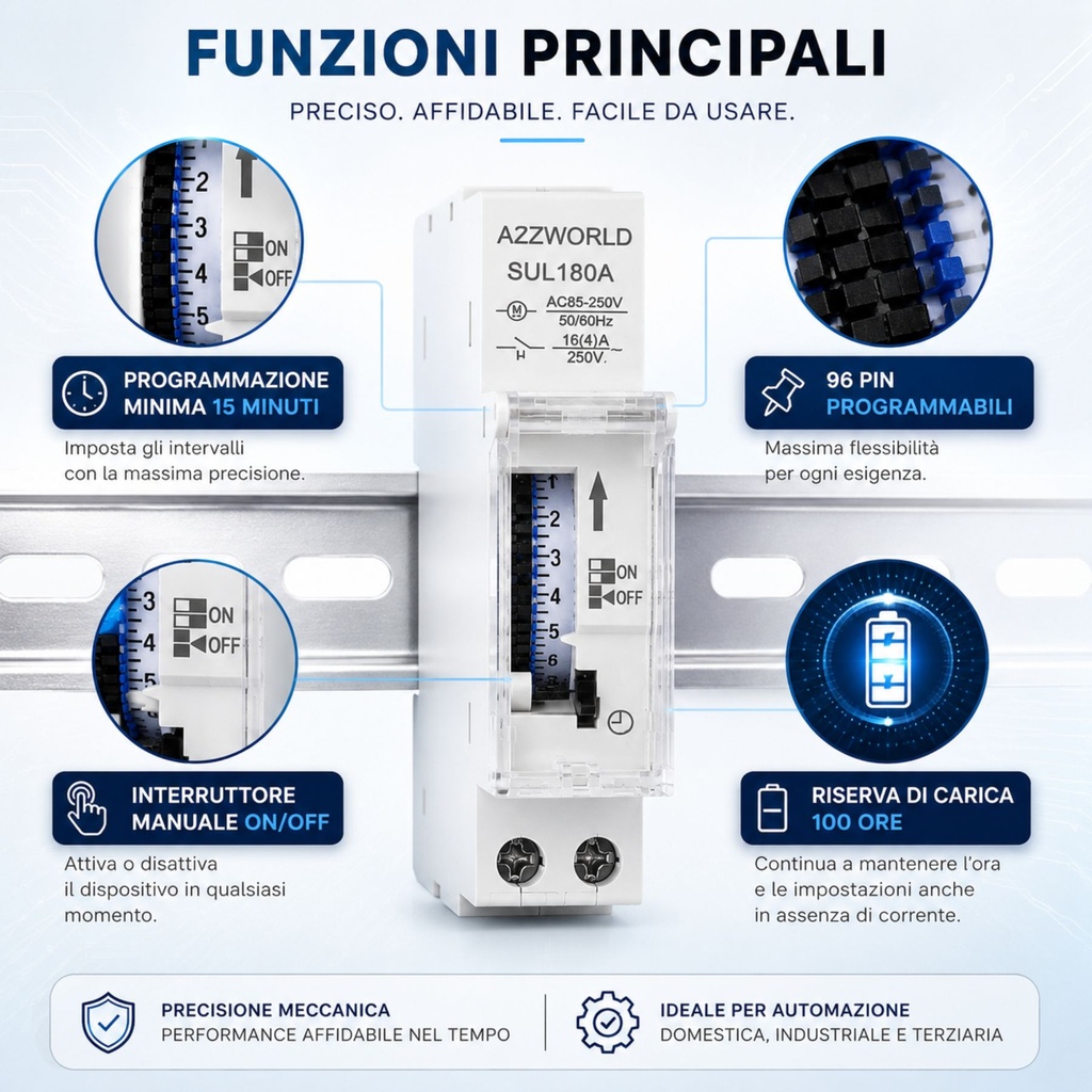 Orologio Interruttore Orario Giornaliero Meccanico su Guida DIN, Timer Switch 24 Ore, Riserva di Carica 100 Ore, 16A, 85-250V AC, 96 Pin, Programmazione Minima 15 Minuti