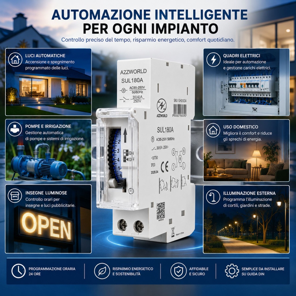 Orologio Interruttore Orario Giornaliero Meccanico su Guida DIN, Timer Switch 24 Ore, Riserva di Carica 100 Ore, 16A, 85-250V AC, 96 Pin, Programmazione Minima 15 Minuti
