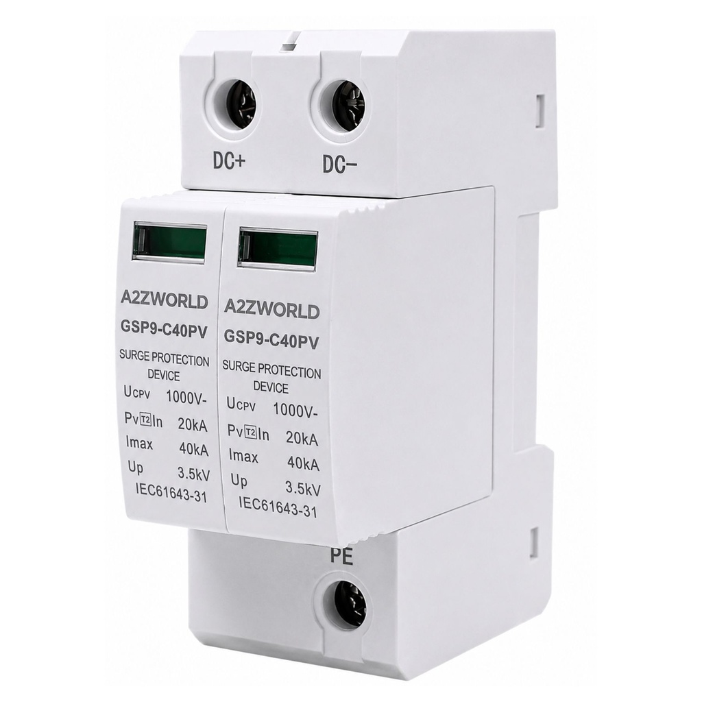 A2ZWORLD SPD Scaricatore di Sovratensione DC 1000V T2 Tipo 2 2P 2M 40kA 3.5kV IP20 Per Fotovoltaico GSP9