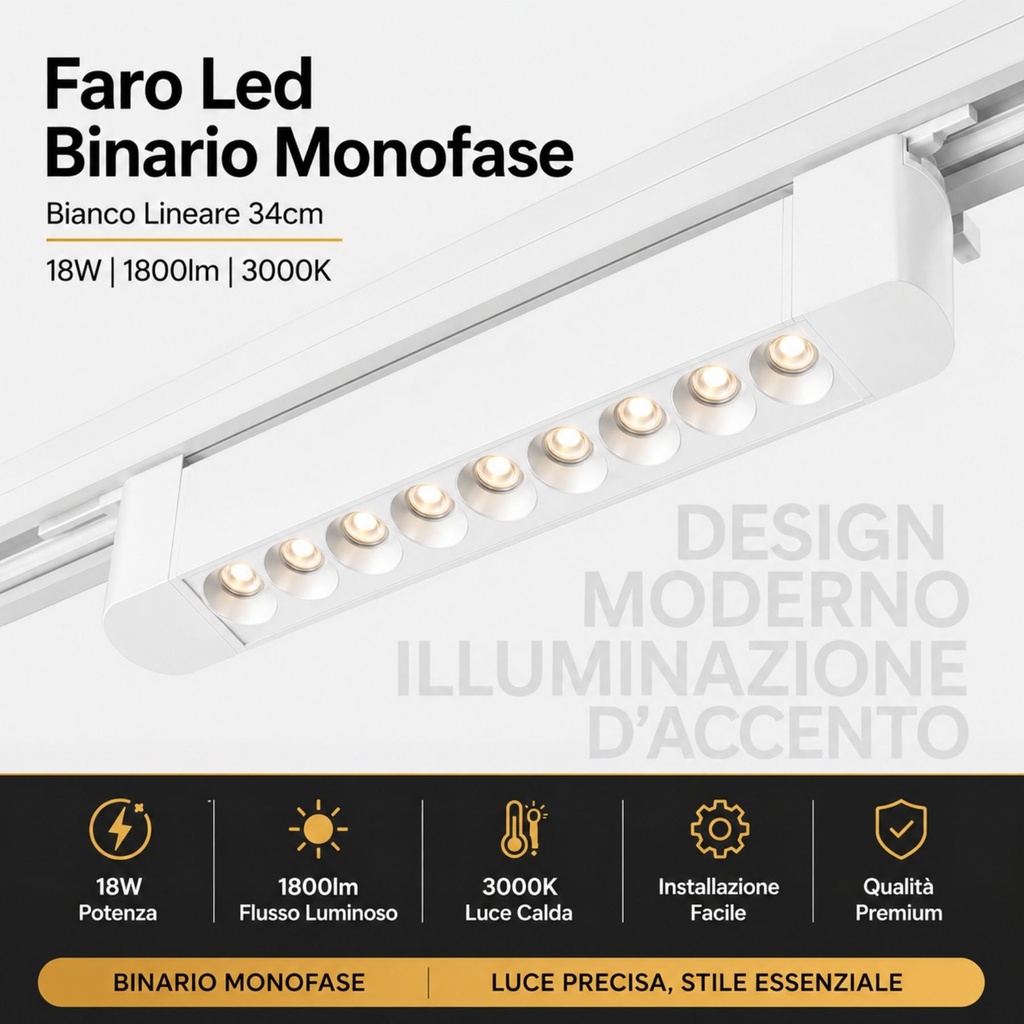Faro Led Binario Monofase, Bianco Lineare 34cm 18W 1800lm 24° Orientabile, Disponibili 3000K 4000K - CB118BC