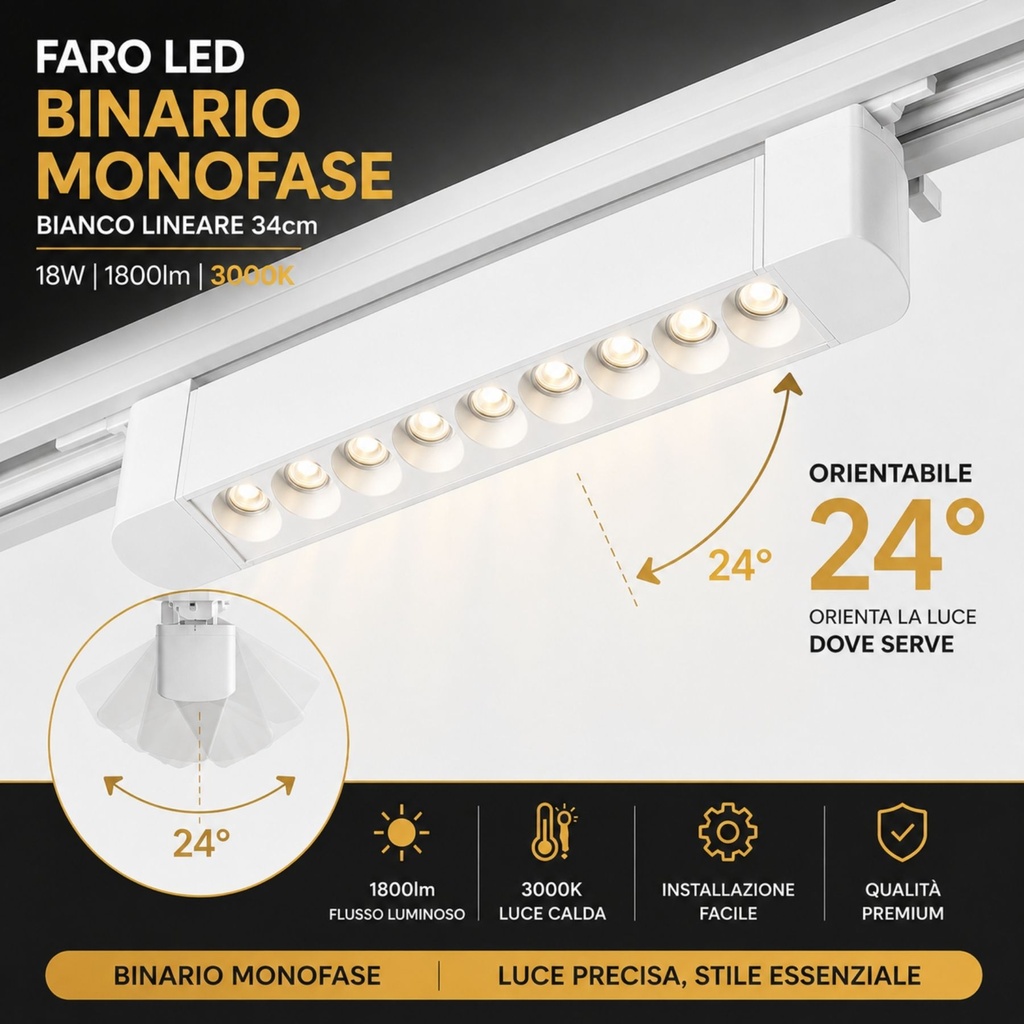 Faro Led Binario Monofase, Bianco Lineare 34cm 18W 1800lm 24° Orientabile, Disponibili 3000K 4000K - CB118BC
