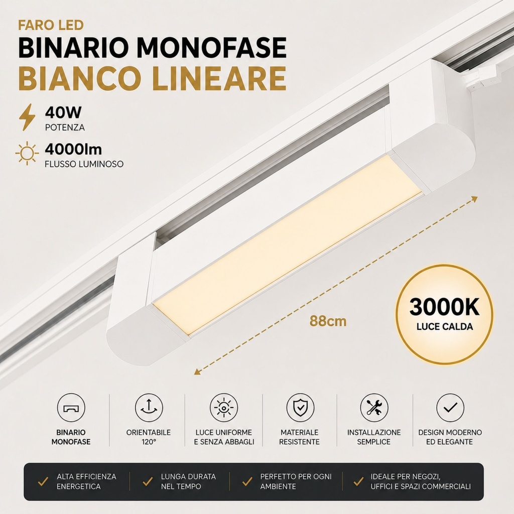 Faro Led Binario Monofase, Bianco Lineare 88cm 40W 4000lm 120° Orientabile, Disponibili 3000K 4000K - CB140BC