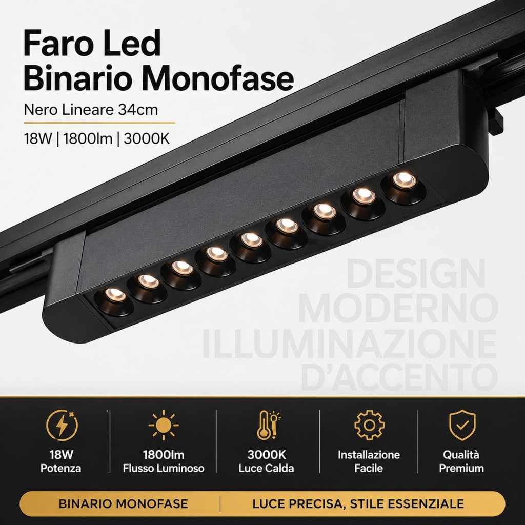 Faro Led Binario Monofase, Nero Lineare 34cm 18W 1800lm 24° Orientabile, Disponibili 3000K 4000K - CB118NC