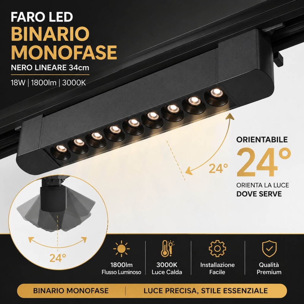 Faro Led Binario Monofase, Nero Lineare 34cm 18W 1800lm 24° Orientabile, Disponibili 3000K 4000K - CB118NC