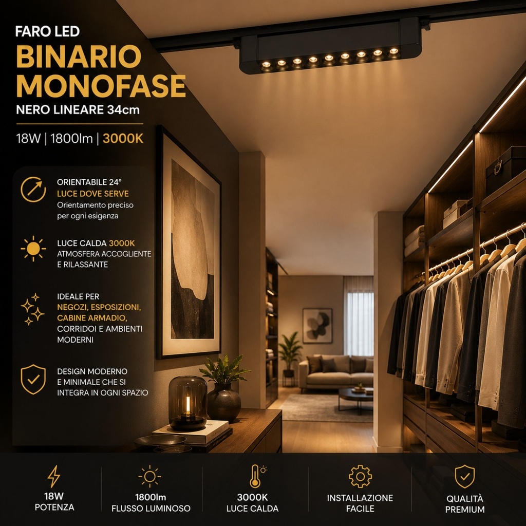 Faro Led Binario Monofase, Nero Lineare 34cm 18W 1800lm 24° Orientabile, Disponibili 3000K 4000K - CB118NC