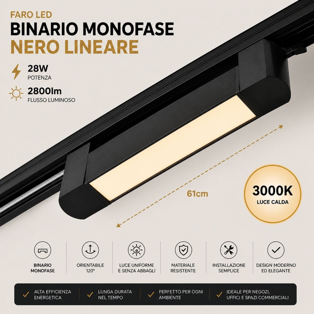 Faro Led Binario Monofase, Nero Lineare 61cm 28W 2800lm 120° Orientabile, Disponibili 3000K 4000K - CB128NC
