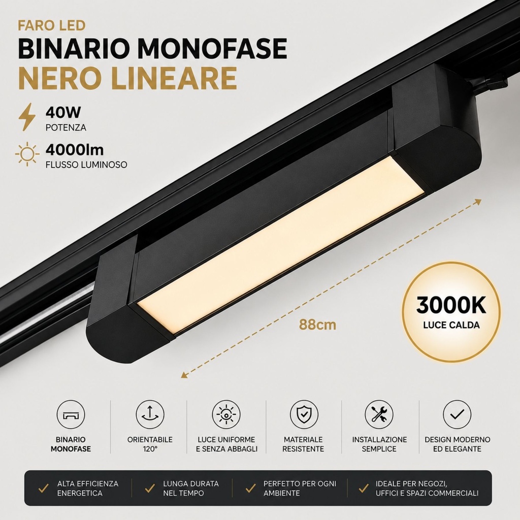 Faro Led Binario Monofase, Nero Lineare 88cm 40W 4000lm 120° Orientabile, Disponibili 3000K 4000K - CB140NC