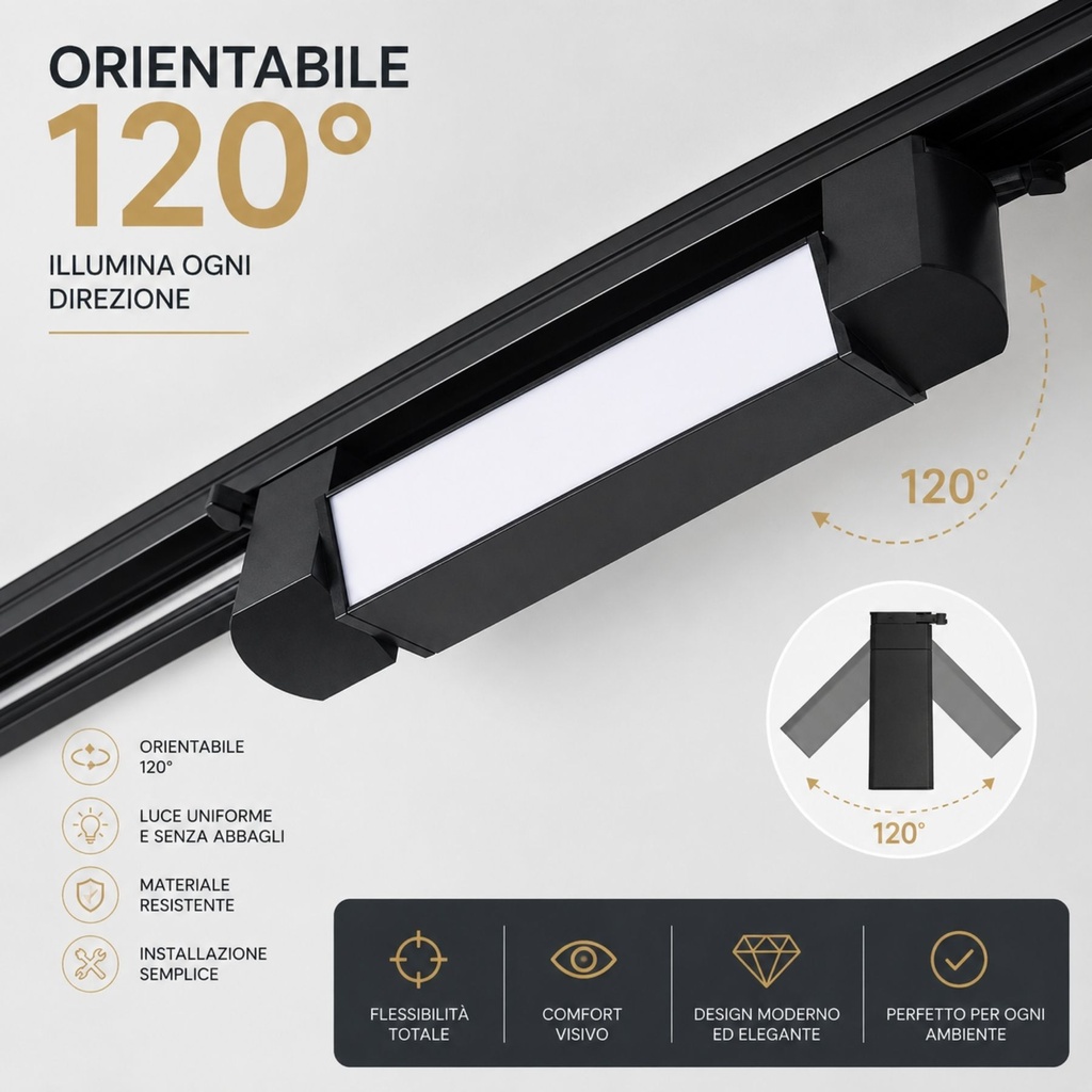 Faro Led Binario Monofase, Nero Lineare 88cm 40W 4000lm 120° Orientabile, Disponibili 3000K 4000K - CB140NC