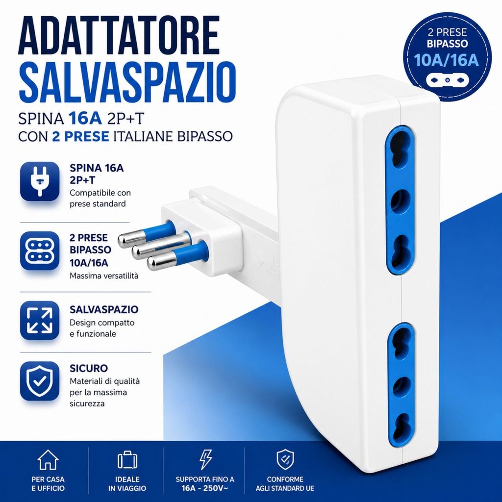 Adattatore Salvaspazio Spina 16A 2P+T Con 2 Prese Italiane Bipasso 10/16A, Bianco Nero - AP80014