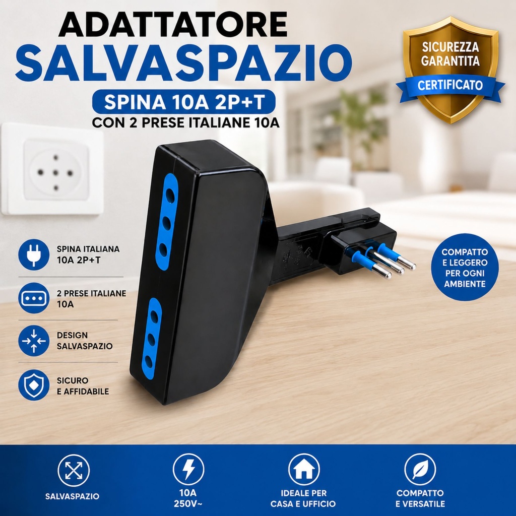 Adattatore Salvaspazio Spina 10A 2P+T Con 2 Prese Italiane 10A, Bianco Nero - AP80013