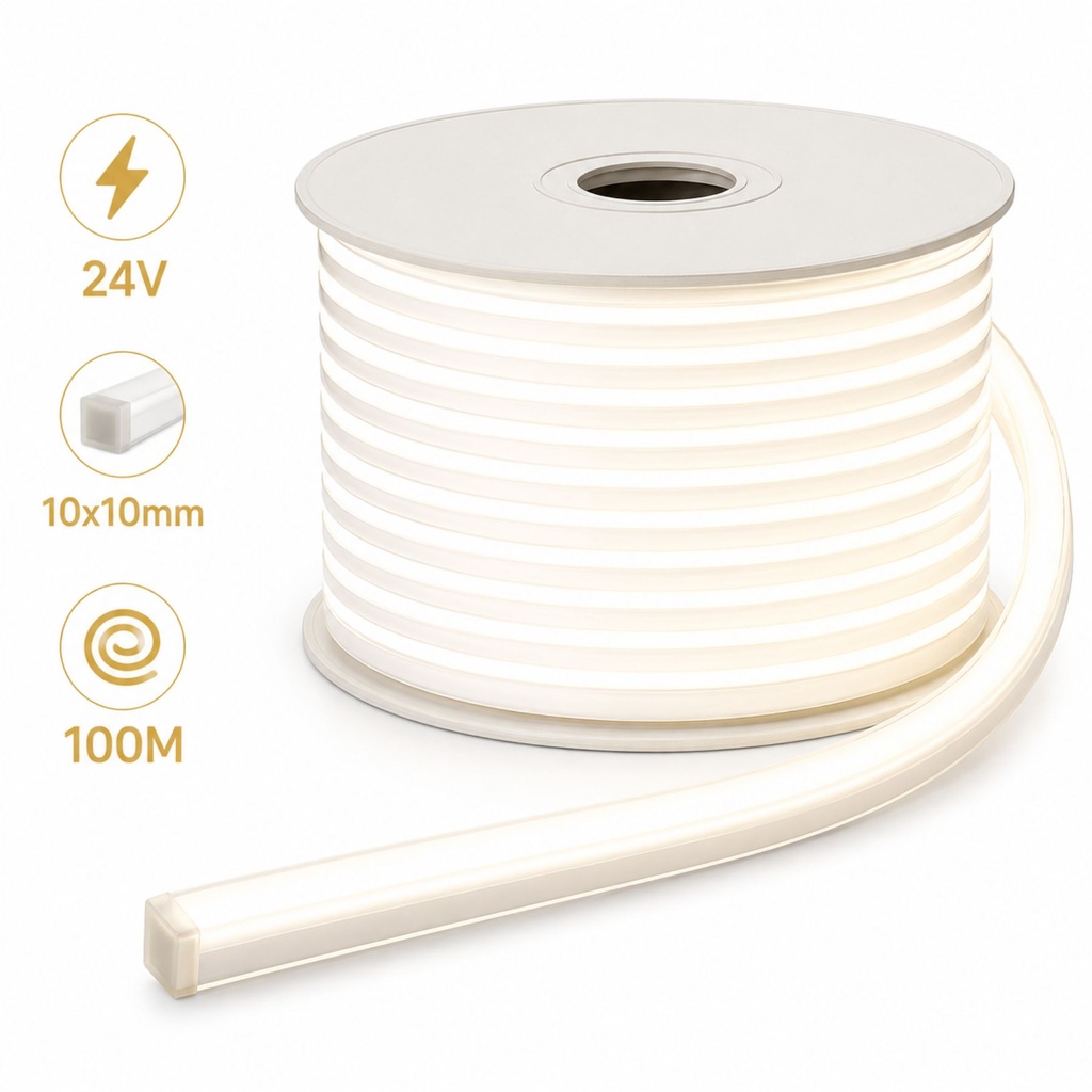 24V Bobina Striscia Led Neon Flex Da Incasso 10X10mm, 100 Metri, IP65 11W/M 660lm/M, Tagliabile Dove Vuole - SL241110C
