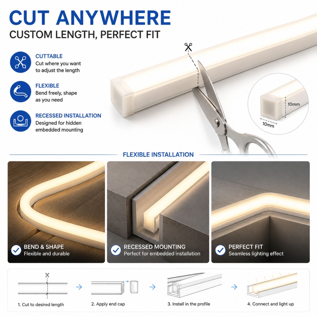 24V Bobina Striscia Led Neon Flex Da Incasso 10X10mm, 100 Metri, IP65 11W/M 660lm/M, Tagliabile Dove Vuole - SL241110C