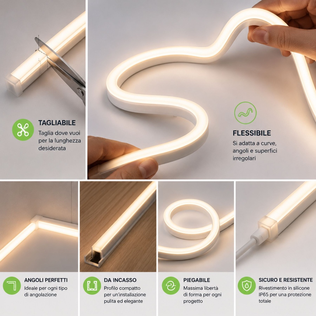 1 Metro 24V Bobina Striscia Led Neon Flex Da Incasso 10X10mm, IP65 11W/M 660lm/M, Tagliabile Dove Vuole - SL241110C-1M