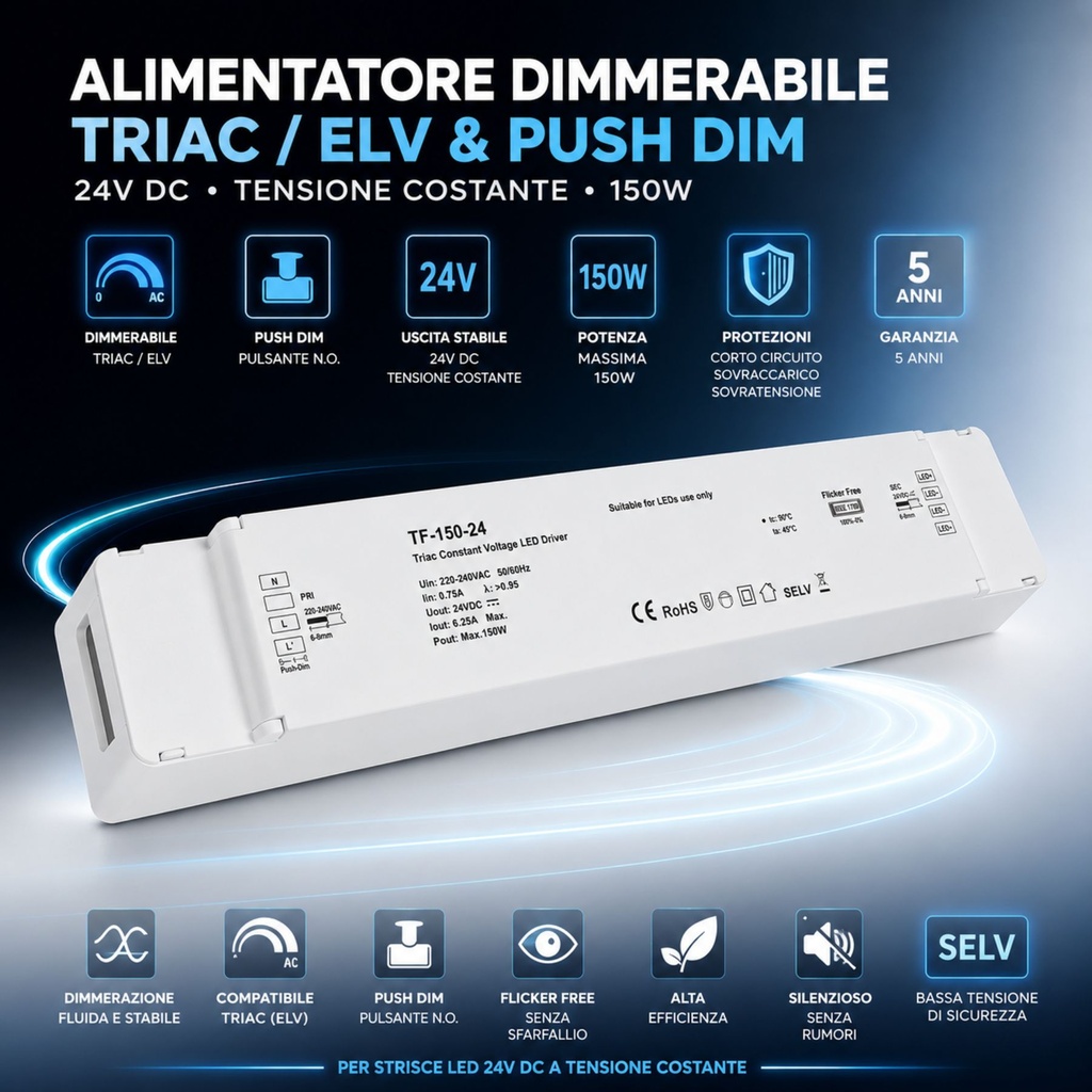 Alimentatore Dimmerabile CV 24V 150W Triac ELV Pulsante N.O. Varialuce Su 220V Per Striscia Led TF-150-24