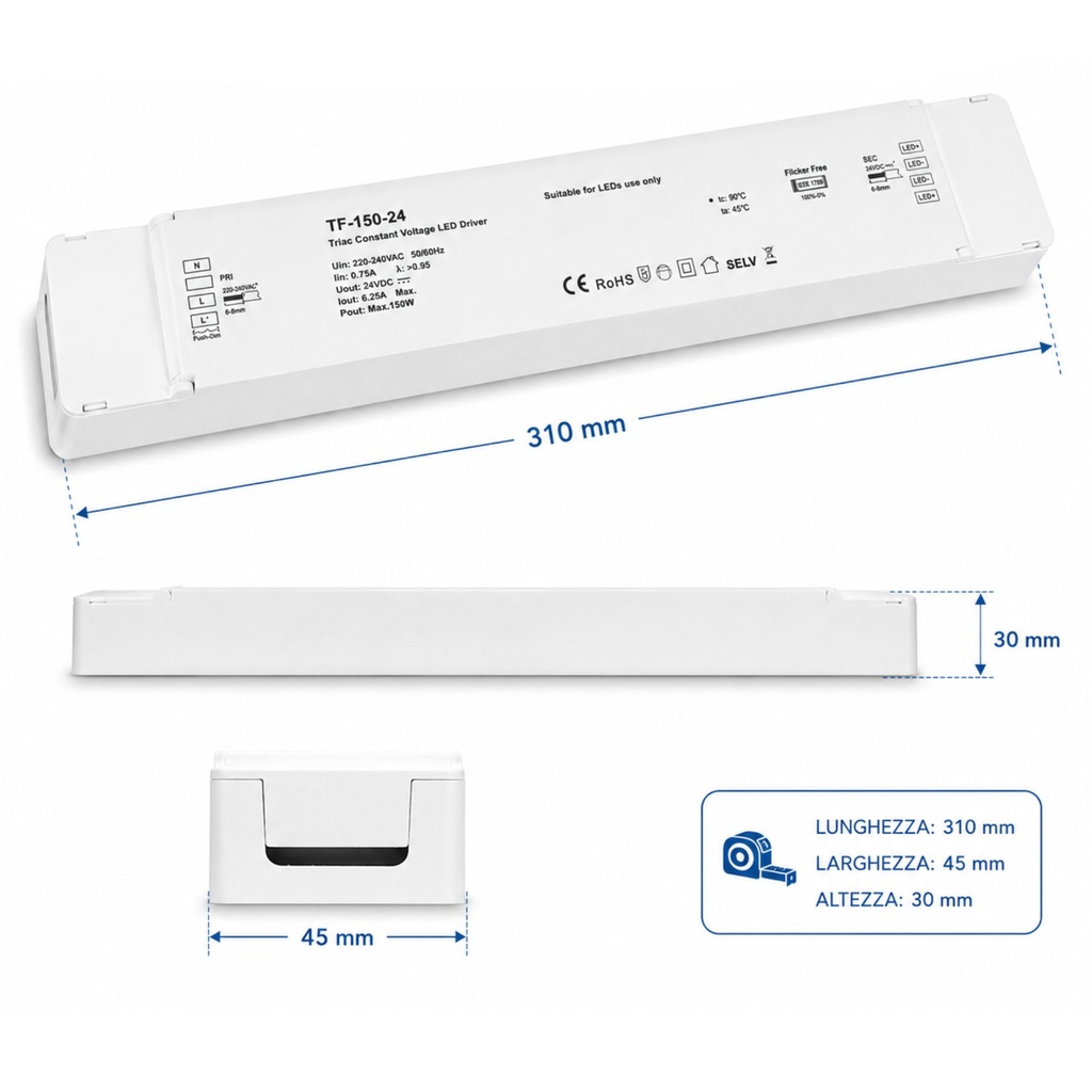 Alimentatore Dimmerabile CV 24V 150W Triac ELV Pulsante N.O. Varialuce Su 220V Per Striscia Led TF-150-24
