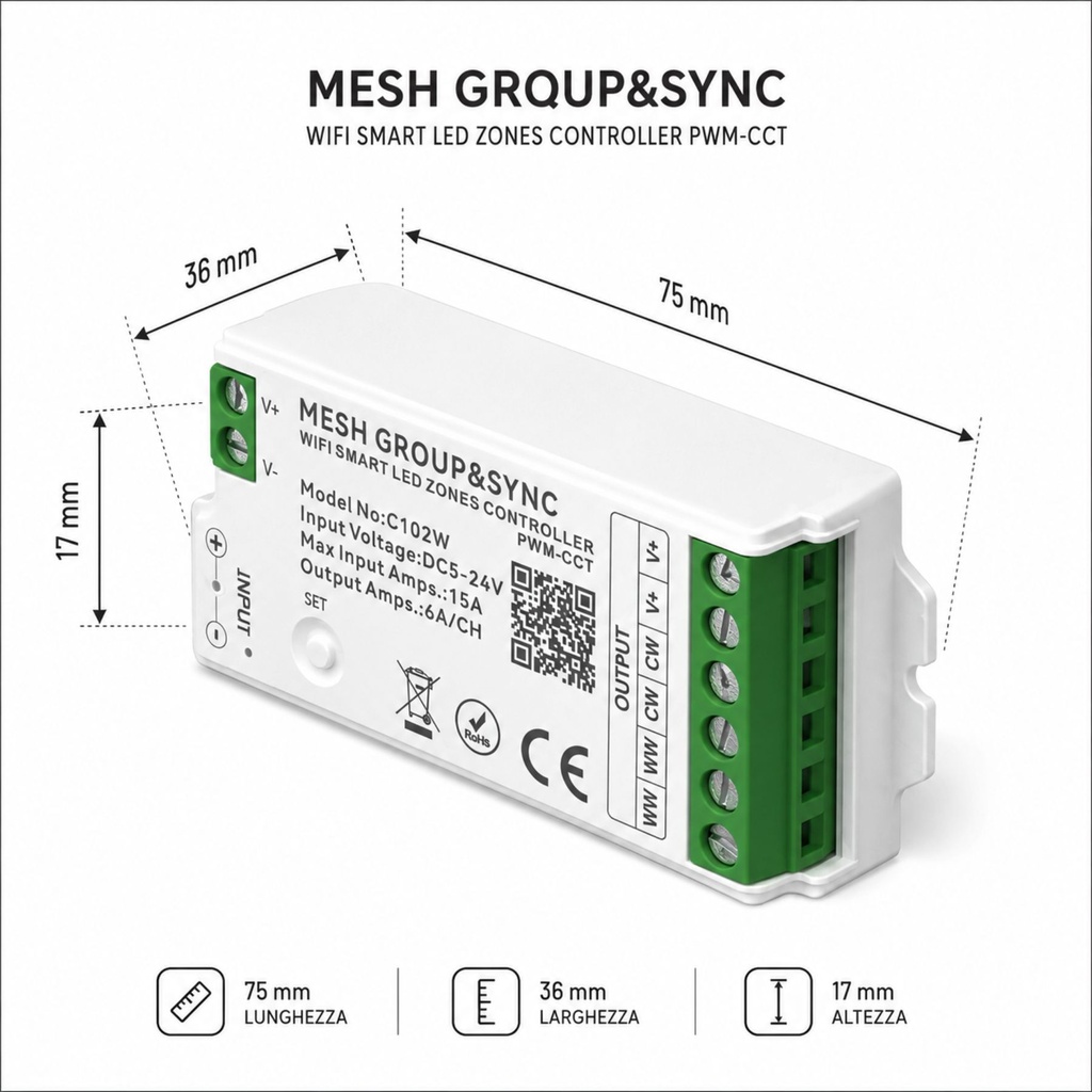 Centralina Controller per Striscia Led CCT WIFI 2.4G, RF 2.4G TUYA, Smart Life Max 15A Tot. (6A/CH) DC5-24V 360W 2 Canali CCT CLC102R Bianco