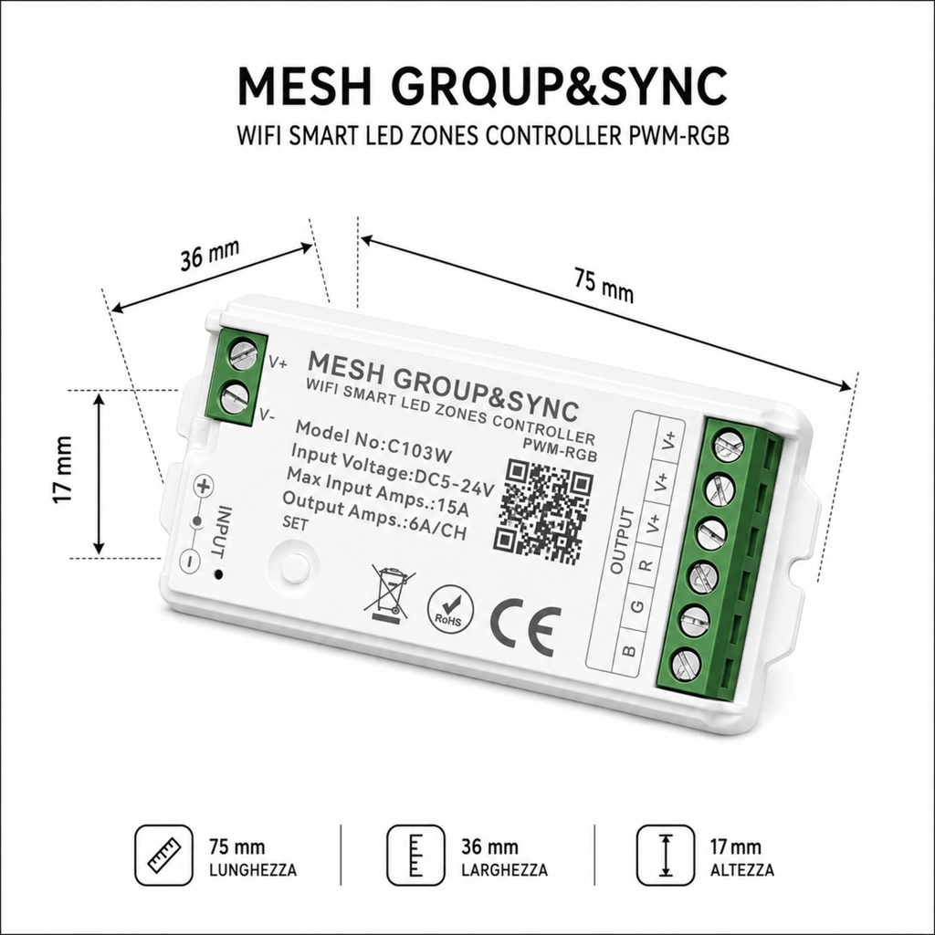 Centralina Controller per Striscia Led RGB WIFI 2.4G, RF 2.4G TUYA, Smart Life Max 15A Tot. (6A/CH) DC5-24V 360W 3 Canali RGB CLC103R Bianco