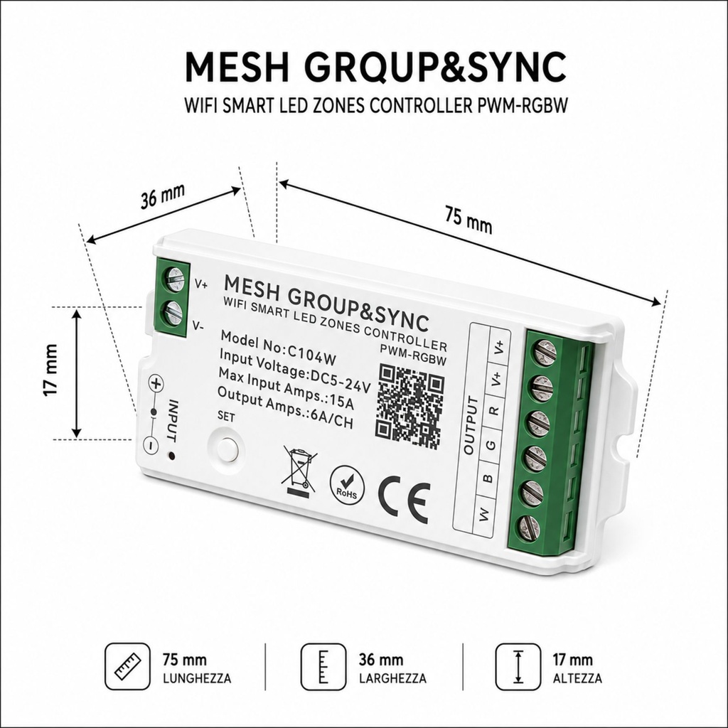 Centralina Controller per Striscia Led RGBW WIFI 2.4G, RF 2.4G TUYA, Smart Life Max 15A Tot. (6A/CH) DC5-24V 360W 4 Canali RGBW CLC104R Bianco