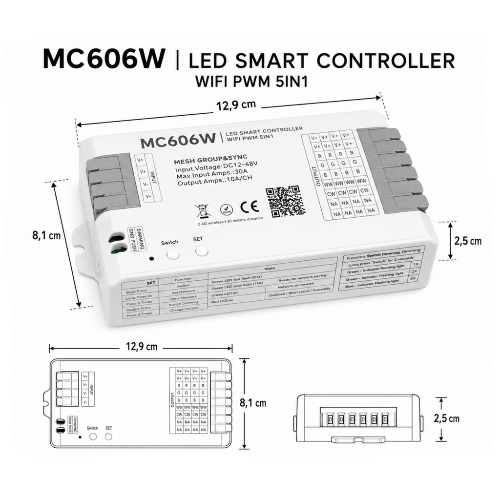 Centralina Led Dimmer Push WIFI, RF 2.4G, Pulsante NO, Controller PWM 5 In 1, DC5-24V 720W 5CHX10A Max 30A, per Striscia Led Mono Colore, CCT, RGB, RGBW, RGBCCT 