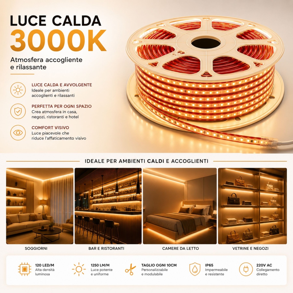 Striscia Led 220V AC IP65 Da 100 Metri, 10W/M 120SMD/M 1250LM/M, Trasparente Biadesivo Rosso Forte, Tagliabile Ogni 10cm, 10X5mm, Angolo 180°, IP65, Tanti Accessori Inclusi, Disponibili 3000K 4000K 6000K - SL22011C