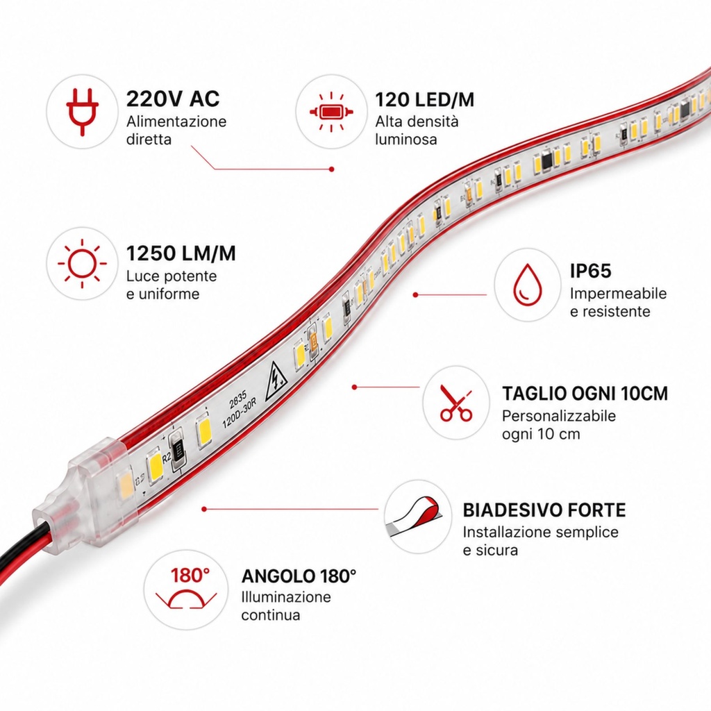1 Metro Striscia Led 220V AC IP65, 10W/M 120SMD/M 1250LM/M, Trasparente Biadesivo Rosso Forte, Tagliabile Ogni 10cm, 10X5mm, Angolo 180° - SL22011C-1M