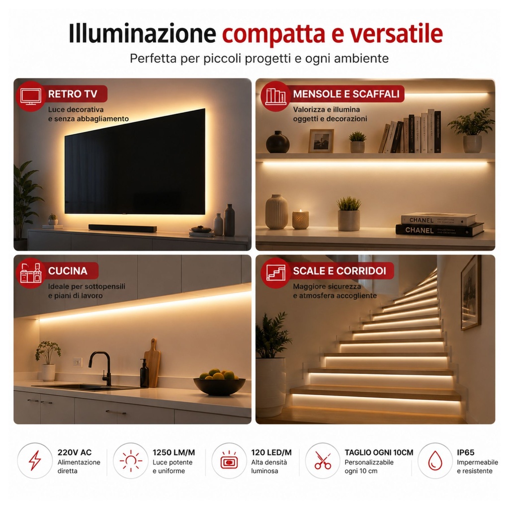 1 Metro Striscia Led 220V AC IP65, 10W/M 120SMD/M 1250LM/M, Trasparente Biadesivo Rosso Forte, Tagliabile Ogni 10cm, 10X5mm, Angolo 180° - SL22011C-1M