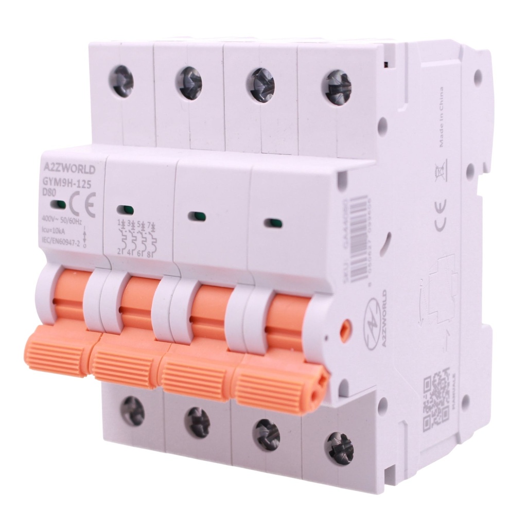 A2ZWORLD MCB Interruttore Magnetotermico Trifase 380V Curva D 4P 4M 10000A AC 400V IP20 GYM9H-125, Disponibili 80A 100A 125A - GA44080