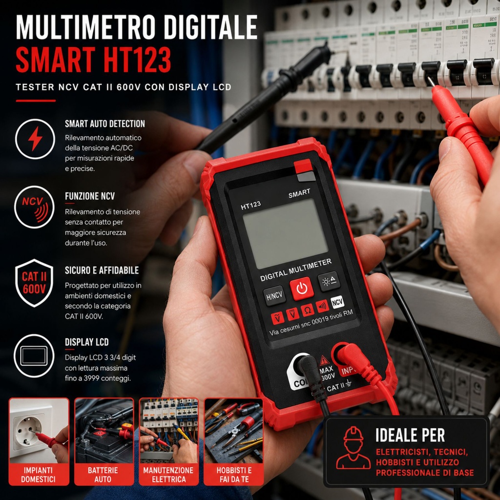 Multimetro Digitale Smart HT123, Tester NCV CAT II 600V con Display LCD
