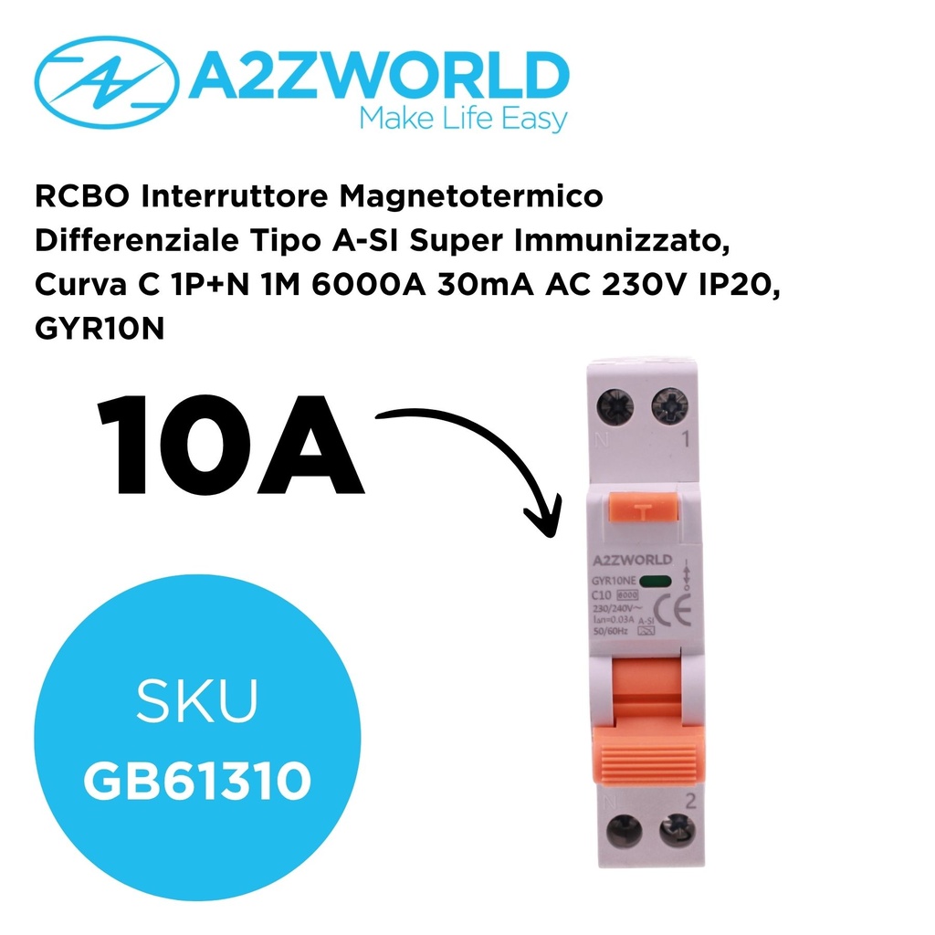 RCBO Interruttore Magnetotermico Differenziale Tipo A-SI Super Immunizzato, Curva C 1P+N 1M 6000A 30mA AC 230V IP20, GYR10N, Disponibili 6A 10A 16A 20A 25A 32A 40A - GB61310