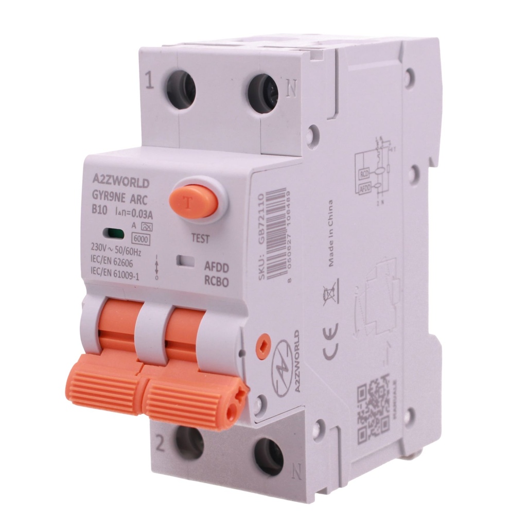 A2ZWORLD AFDD RCBO Interruttore Antincendio, Magnetotermico Differenziale con Rilevamento di Arco Elettrico, Tipo A Curva B, 1P+N 2M 6000A 30mA, AC 220V Doppia Leva GYR9NE-ARC - GB72110