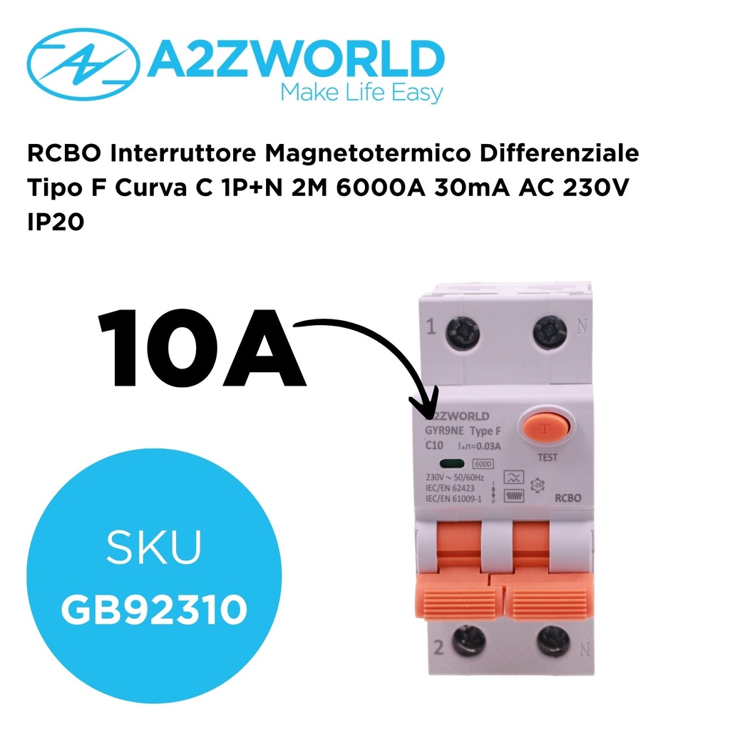 RCBO Interruttore Magnetotermico Differenziale Tipo F Curva C 1P+N 2M 6000A 30mA AC 230V IP20 Corrente Disponibili 6A 10A 16A 20A 25A 32A 40A 50A 63A - GB92310