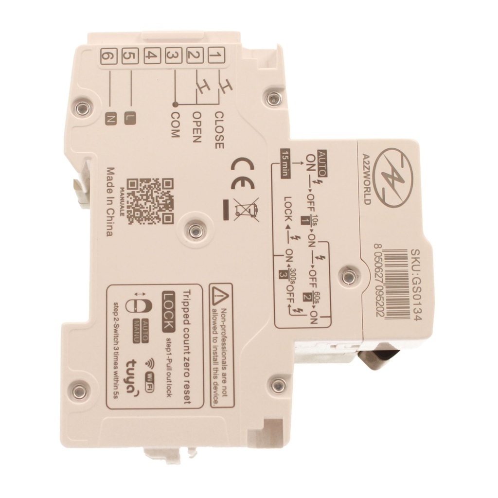 A2ZWORLD MCB Interruttore Magnetotermico Connesso WiFi Con Riarmo Automatico, Curva C 1P+N 2M 6000A AC 230V PN8H, Corrente Disponibile 6A 10A 16A 20A 25A 32A - GA37410RW