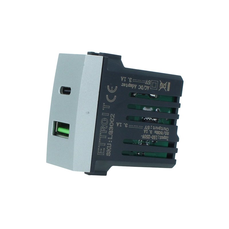 ETTROIT Modulo Presa Caricatore USB 2 Porte 3,1A USB-A + USB Type C Colore GRIGIO Compatibile Con Bticino Living International