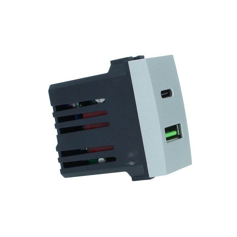 ETTROIT Modulo Presa Caricatore USB 2 Porte 3,1A USB-A + USB Type C Colore GRIGIO Compatibile Con Bticino Living International