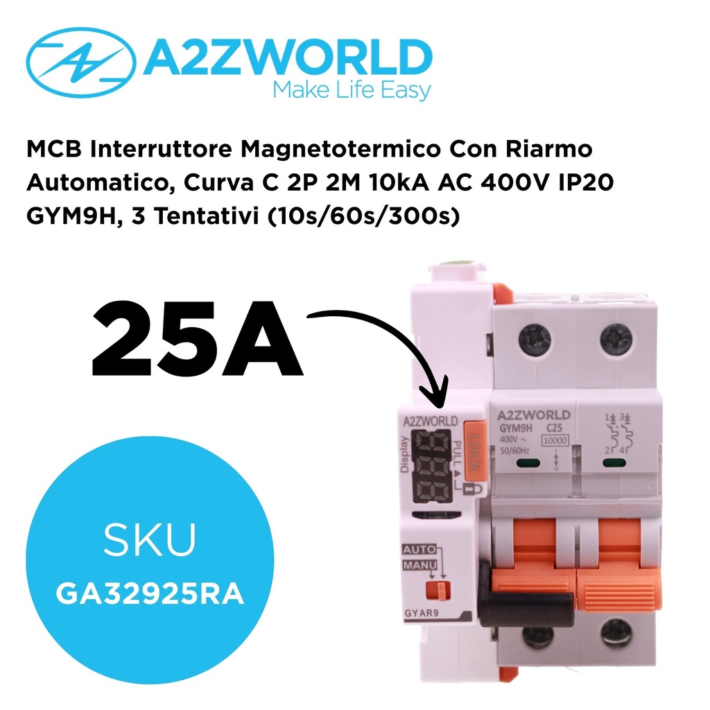 MCB Interruttore Magnetotermico Con Riarmo Automatico, Curva C 2P 2M 10kA AC 400V IP20 GYM9H, 3 Tentativi (10s/60s/300s), Disponibili 25A 32A 40A 63A - GA32925RA