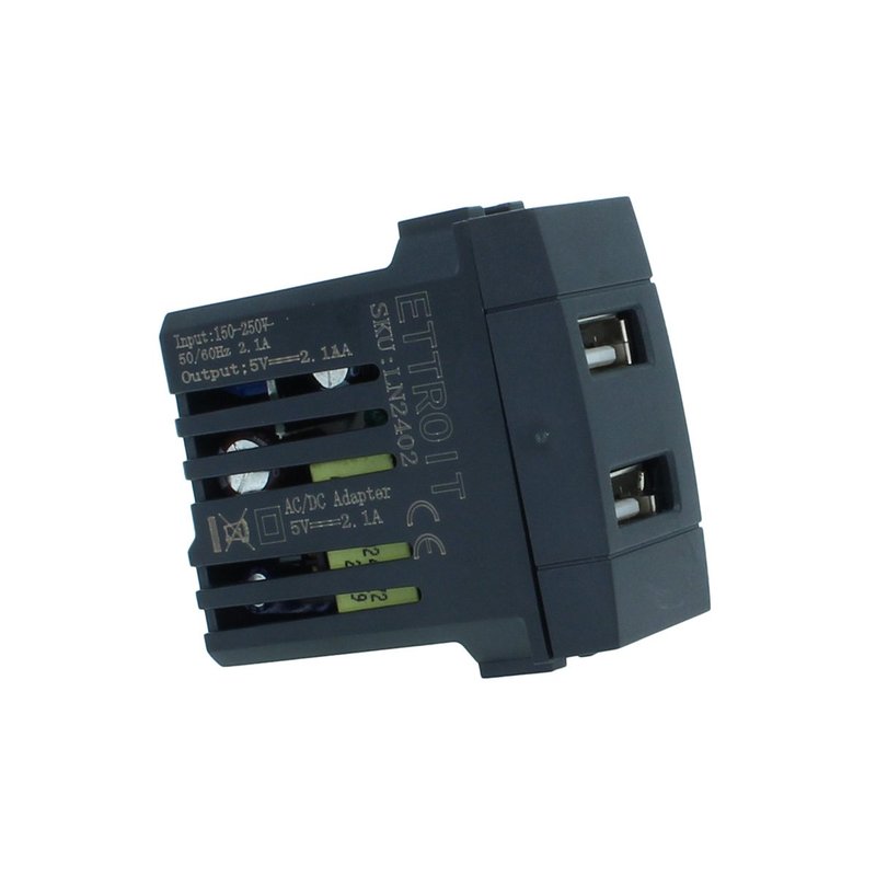 ETTROIT Modulo Presa Caricatore USB 5V 2,1A 2 Porte USB-A Colore Nero Compatibile Con Bticino Living International