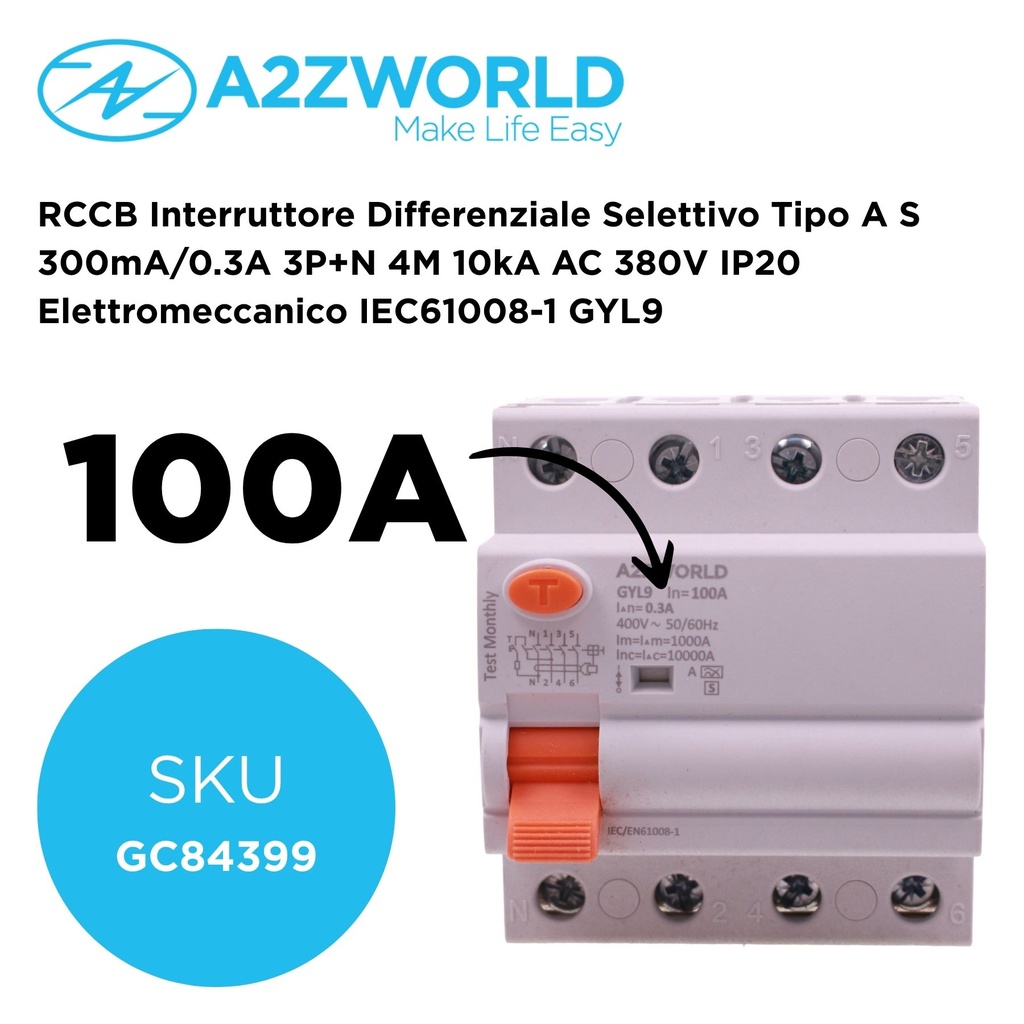 RCCB Interruttore Differenziale Selettivo Tipo A S 300mA/0.3A 3P+N 4M 10kA AC 400V IP20 Elettromeccanico IEC61008-1 GYL9, Corrente Disponibili 40A 63A 100A - GC84399