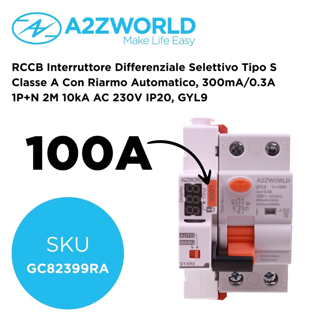 RCCB Interruttore Differenziale Selettivo Tipo S Classe A Con Riarmo Automatico, 300mA/0.3A 1P+N 2M 10kA AC 230V IP20, GYL9, Corrente Disponibili 25A 40A 63A 100A - GC82399RA