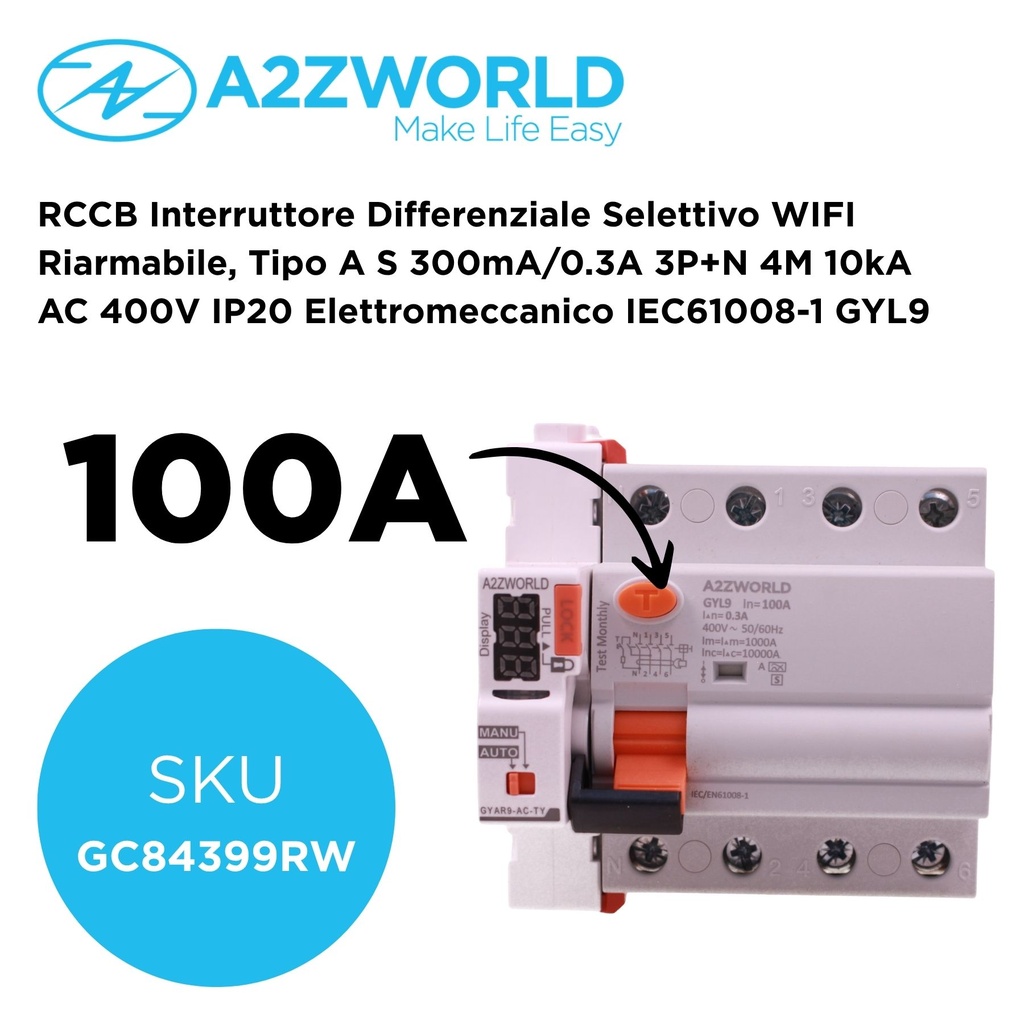 RCCB Interruttore Differenziale Selettivo WIFI Riarmabile, Tipo A S 300mA/0.3A 3P+N 4M 10kA AC 400V IP20 Elettromeccanico IEC61008-1 GYL9, Corrente Disponibili 40A 63A 100A - GC84399RW