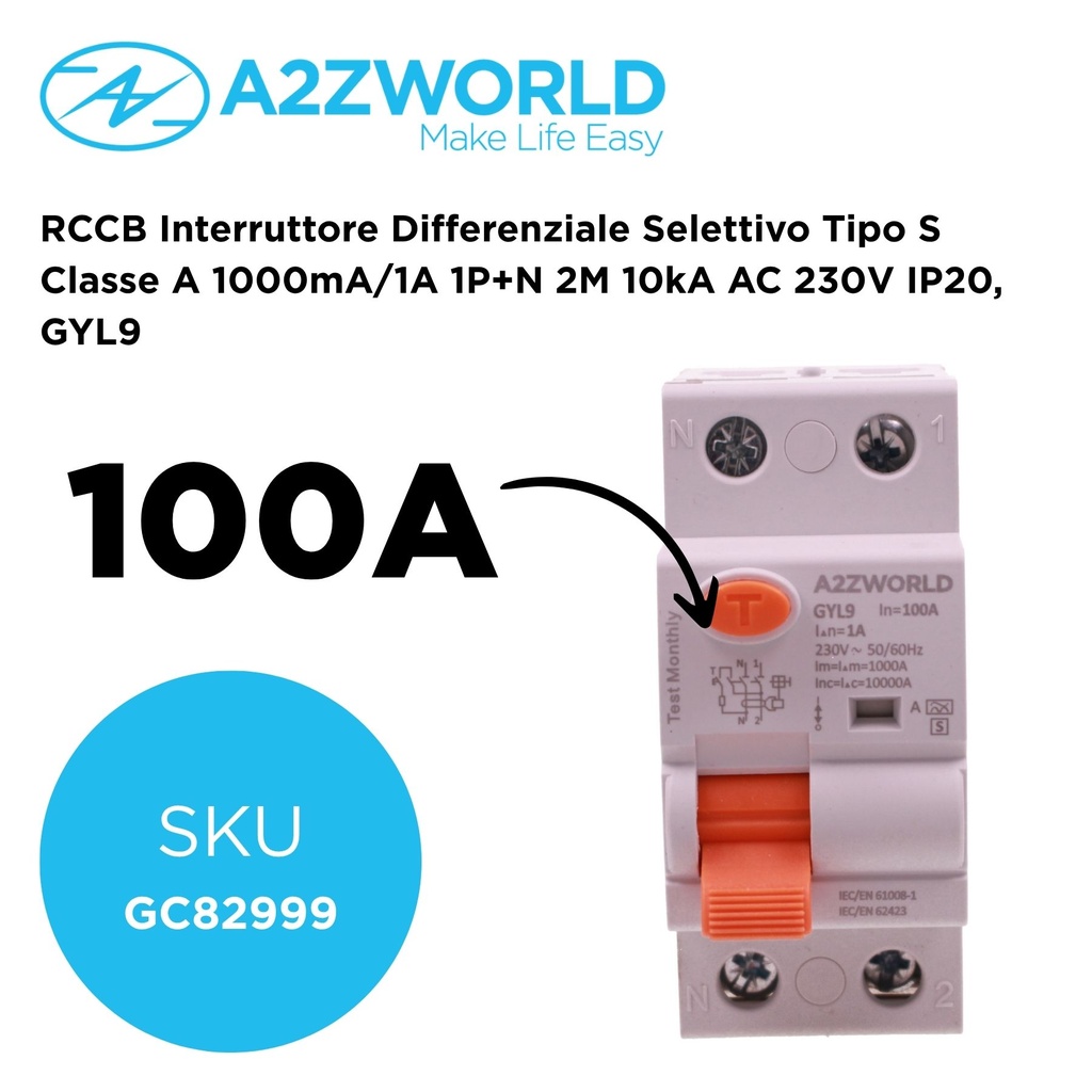 RCCB Interruttore Differenziale Selettivo Tipo S Classe A 1000mA/1A 1P+N 2M 10kA AC 230V IP20, GYL9, Corrente Disponibili 63A 100A - GC82999