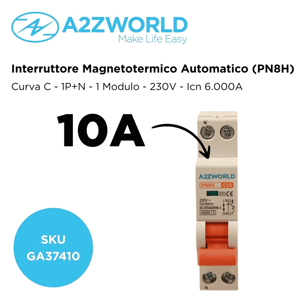 A2ZWORLD MCB Interruttore Magnetotermico Automatico Curva C 1P+N 1M 6000A AC 230V IP20 PN8H, Corrente Disponibili 2A 3A 4A 5A 6A 10A 13A 16A 20A 25A 32A - GA37410