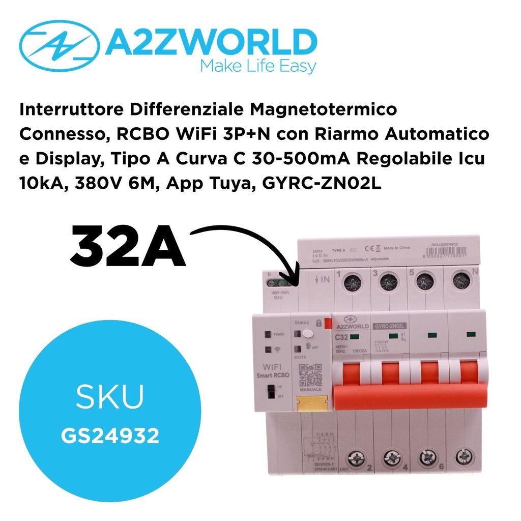 Interruttore Differenziale Magnetotermico Connesso, RCBO WiFi 3P+N con Riarmo Automatico e Display, Tipo A Curva C 30-500mA Regolabile Icu 10kA, 380V 6M, App Tuya con Misure: Corrente Residua, Intensità, Potenza, Tensione, Temperatura, Consumo GYRC-ZN02L - GS24932