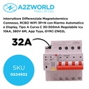 Interruttore Differenziale Magnetotermico Connesso, RCBO WiFi 3P+N con Riarmo Automatico e Display, Tipo A Curva C 30-500mA Regolabile Icu 10kA, 380V 6M, App Tuya con Misure: Corrente Residua, Intensità, Potenza, Tensione, Temperatura, Consumo GYRC-ZN02L - GS24932
