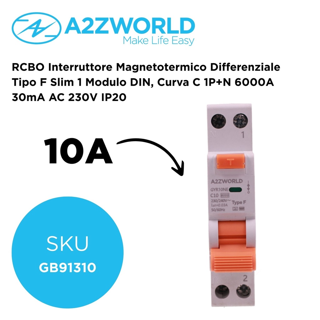 RCBO Interruttore Magnetotermico Differenziale Tipo F Slim 1 Modulo DIN, Curva C 1P+N 6000A 30mA AC 230V IP20, Corrente Disponibili 6A 10A 16A 20A 25A 32A 40A - GB91310