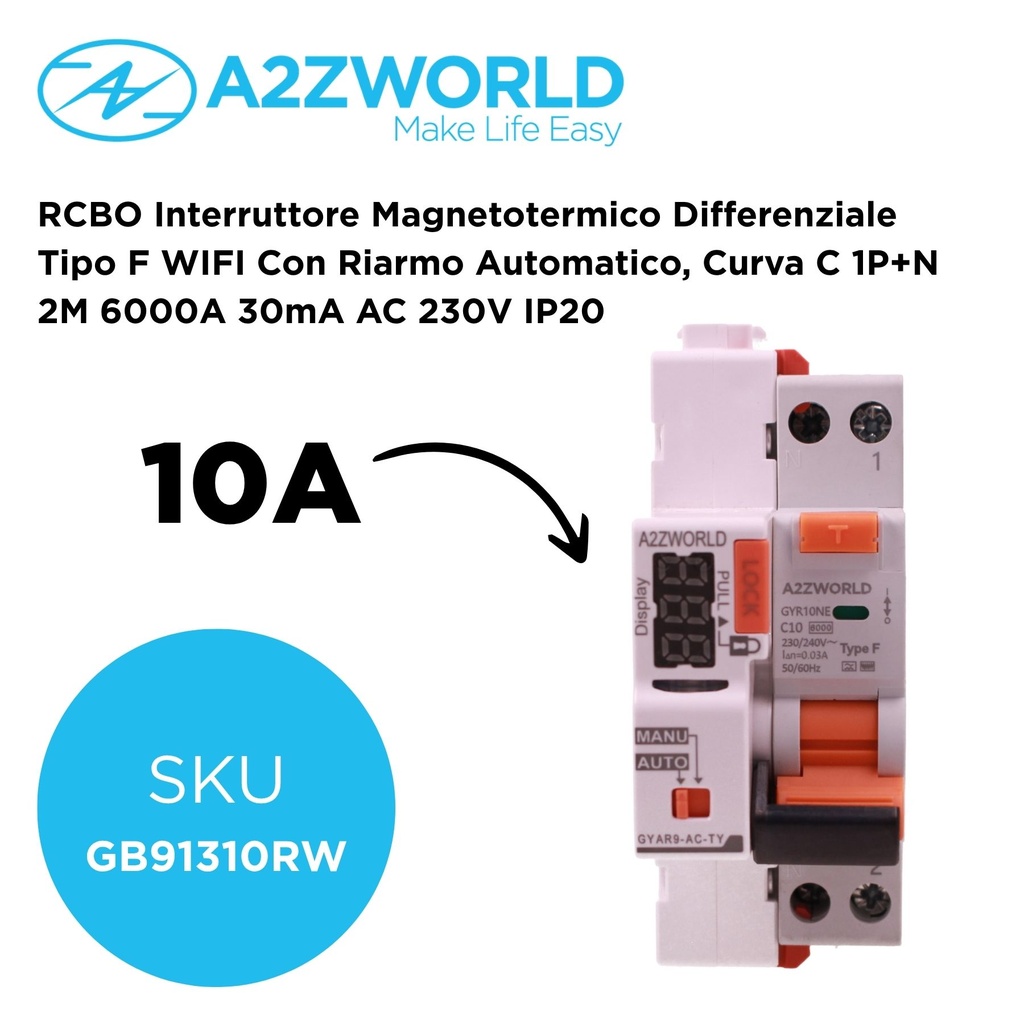 RCBO Interruttore Magnetotermico Differenziale Tipo F WIFI Con Riarmo Automatico, Curva C 1P+N 2M 6000A 30mA AC 230V IP20, Corrente Disponibili 6A 10A 16A 20A 25A 32A 40A - GB91310RW