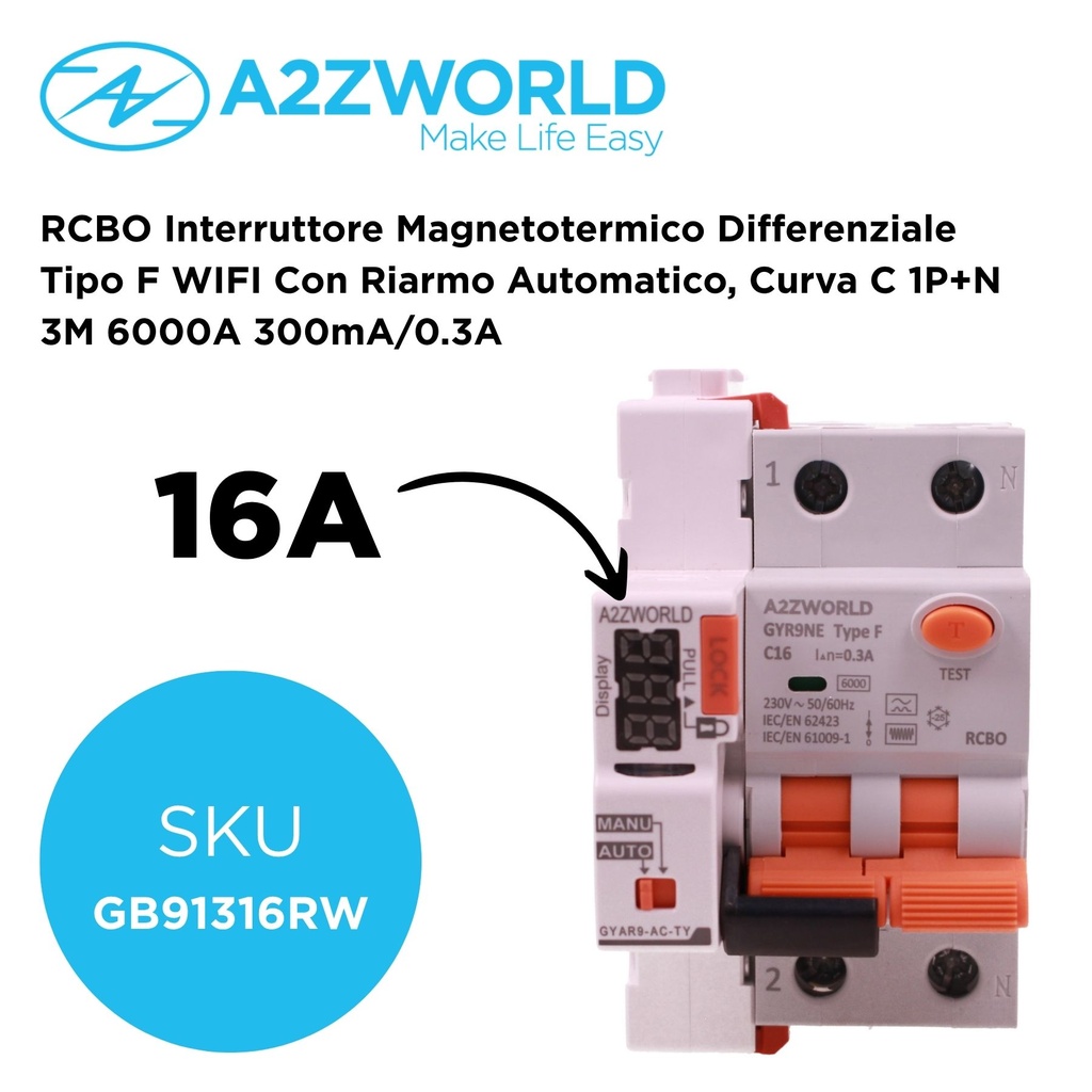 RCBO Interruttore Magnetotermico Differenziale Tipo F WIFI Con Riarmo Automatico, Curva C 1P+N 3M 6000A 300mA/0.3A, Corrente Disponibili 16A 20A 25A 32A - GB92616RW